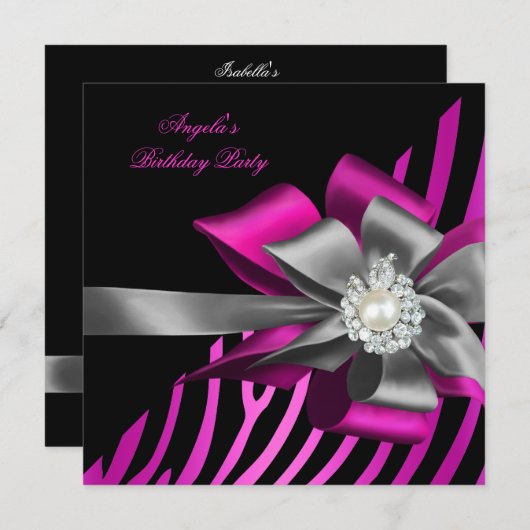 Invitation Fête d'anniversaire Zebra Pink Black Silver Bow (Devant / Derrière)