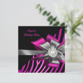 Invitation Fête d'anniversaire Zebra Pink Black Silver Bow (Debout devant)