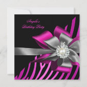 Invitation Fête d'anniversaire Zebra Pink Black Silver Bow (Devant)