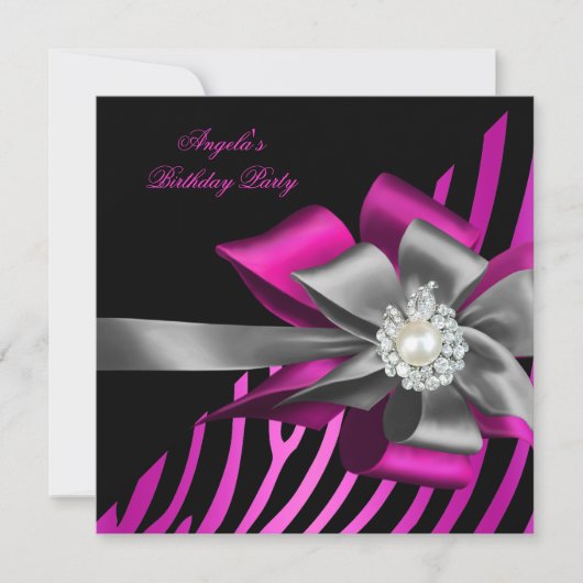 Invitation Fête d'anniversaire Zebra Pink Black Silver Bow (Devant)