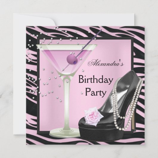 Invitation Fête d'anniversaire Zebra Rose Chaussures noires (Devant)