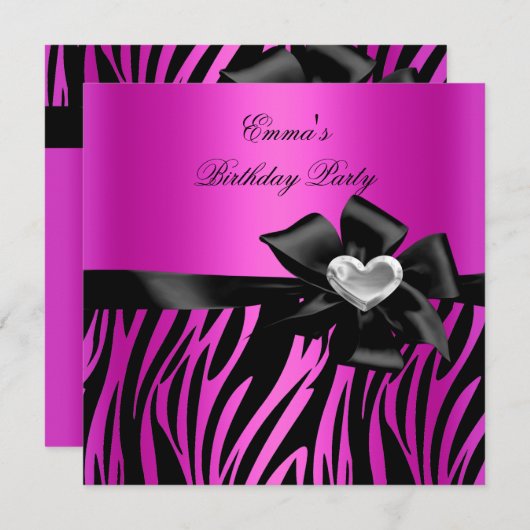 Invitation Fête d'anniversaire Zebra Silver Hot Pink Noir (Devant / Derrière)