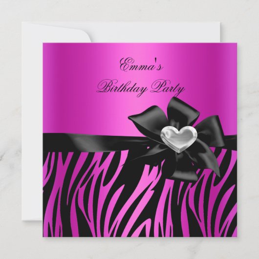 Invitation Fête d'anniversaire Zebra Silver Hot Pink Noir (Devant)