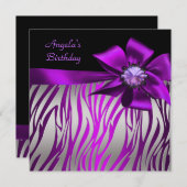 Invitation Fête d'anniversaire Zebra Silver Purple Magenta Bl (Devant / Derrière)