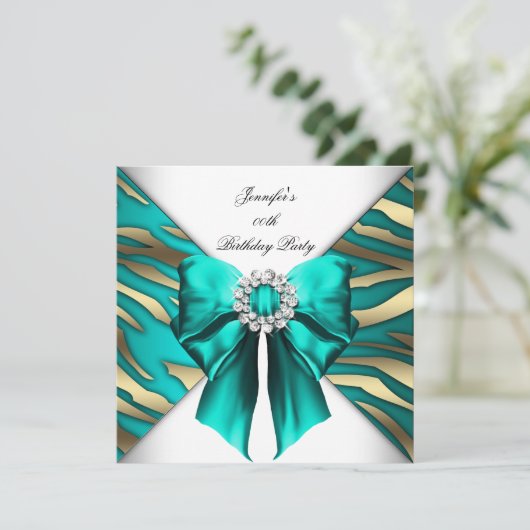 Invitation Fête d'anniversaire Zebra Turquoise d'argent (Debout devant)