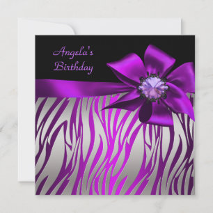 Invitation Fête d'anniversaire Zèbre Argent Violet Magenta No