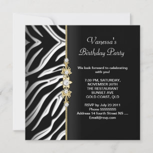 Invitation Fête d'anniversaire zèbre or noir blanc floral