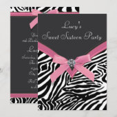 Invitation Fête d'anniversaire Zèbre Rose (Devant / Derrière)