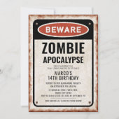 Invitation Fête d'anniversaire zombie avec panneau ATTENTION  (Devant)
