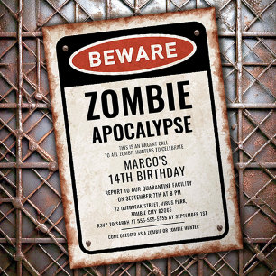 Invitation Fête d'anniversaire zombie avec panneau ATTENTION 