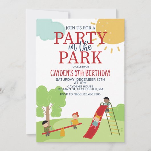Invitation Fête dans le parc aire de jeux Anniversaire (Devant)