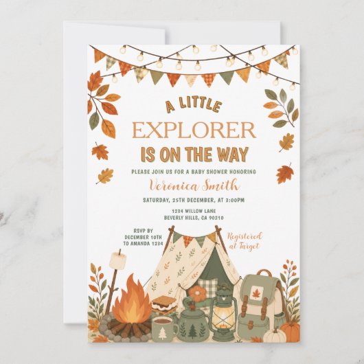 Invitation Fête d'automne de camping Petit Explorateur Bébé (Devant)