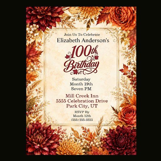 Invitation Fête de 100e anniversaire d'automne de luxe