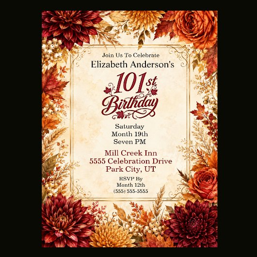 Invitation Fête de 101 ans d'automne de luxe