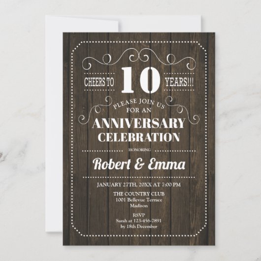 Invitation Fête de 10e anniversaire de mariage en bois rustiq (Devant)