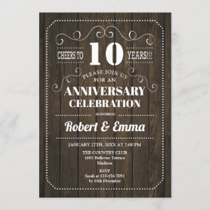 Invitation Fête de 10e anniversaire de mariage en bois rustiq