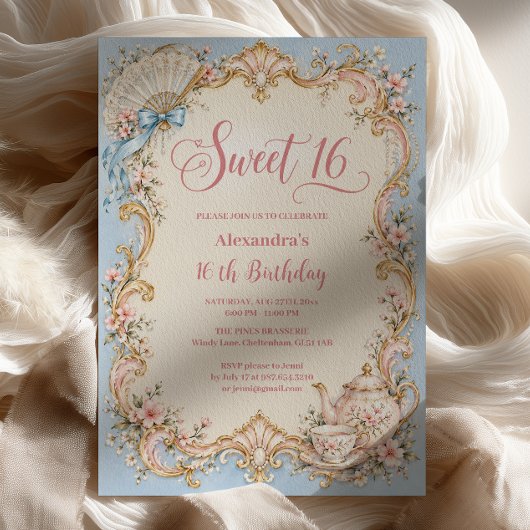 Invitation Fête de 16 ans douce Rococo Bleue