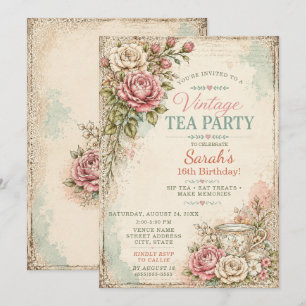 Invitation Fête de 16 ans Vintage Cottagecore Tea Party Sucré