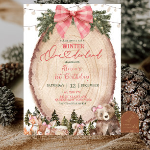 Invitation Fête de 1 an Coquette Rose Forêt Rustique d'Hiver 