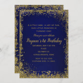 Invitation Fête de 1er anniversaire bleu royal et doré paille (Devant / Derrière)