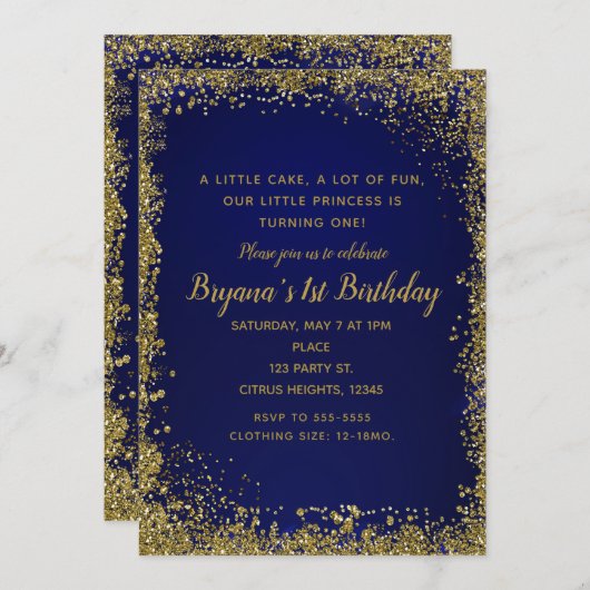 Invitation Fête de 1er anniversaire bleu royal et doré paille (Devant / Derrière)