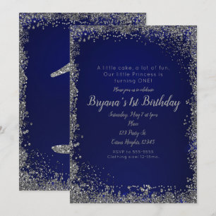 Invitation Fête de 1er anniversaire bleu royal pailleté argen