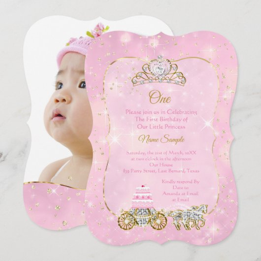 Invitation Fête de 1er anniversaire Cendrillon Pink Carriage  (Devant / Derrière)