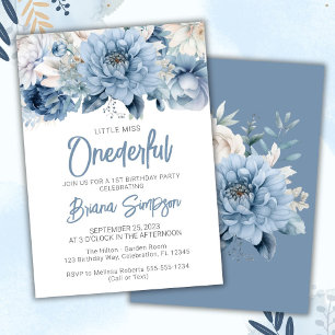 Invitation Fête de 1er anniversaire Dusty Blue Floral