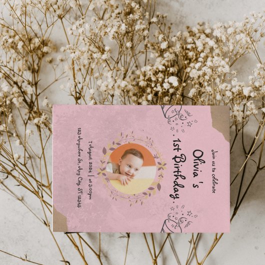 Invitation Fête de 1er anniversaire élégante rose mignonne