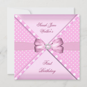 Invitation Fête de 1er anniversaire Fille Rose Blanc pois