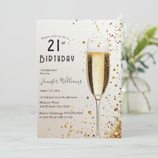 Invitation Fête de 21e anniversaire Elegant et Champagne Glas (Debout devant)