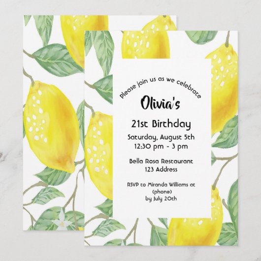 Invitation fête de 21e anniversaire jaune citrons blanc (Devant / Derrière)
