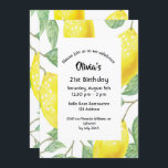 Invitation fête de 21e anniversaire jaune citrons blanc<br><div class="desc">Des citrons juteux, délicieux et aquarellés en jaune, vert et blanc en toile de fond pour une fête de 21ème anniversaire. Un cadre blanc et vert avec des modèles pour un nom, l'âge et les détails de la fête. Le nom est écrit dans un script de style écrit à la...</div>