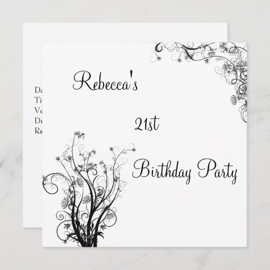 Invitation Fête de 21e anniversaire noir blanc (Devant / Derrière)