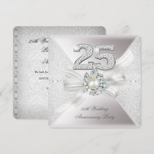 Invitation Fête de 25e anniversaire de mariage Perle Argent (Devant / Derrière)