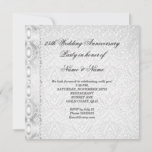 Invitation Fête de 25e Anniversaire de Mariage Ruban Pearl (Dos)