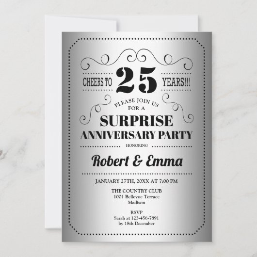Invitation Fête de 25e anniversaire surprise - Noir Argent (Devant)