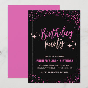 Invitation Fête de 38e anniversaire Pink Black Glitter Glam