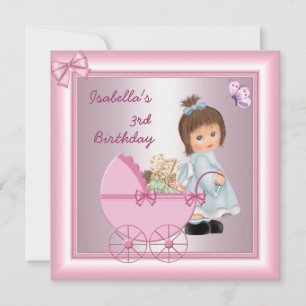 Invitation Fête de 3ème anniversaire jolie fille rose