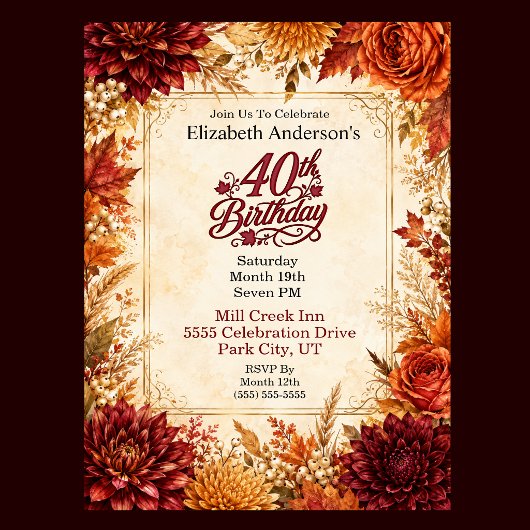 Invitation Fête de 40 ans d'automne de luxe