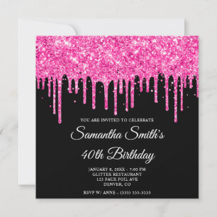 Invitation Fête de 40 ans noir avec gouttes de paillettes ros