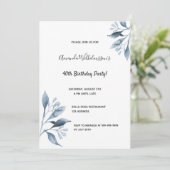 Invitation Fête de 40e anniversaire blanc fleurs bleues feuil (Debout devant)