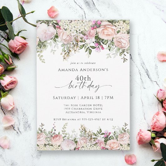 Invitation Fête de 40e anniversaire des Roses roses rose fémi