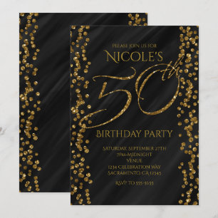 Invitation Fête de 50 ans Black & Faux Gold Glitter Glam 50