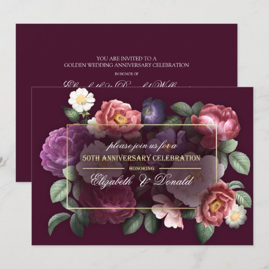 Invitation Fête de 50e anniversaire de mariage floral vintage (Devant / Derrière)