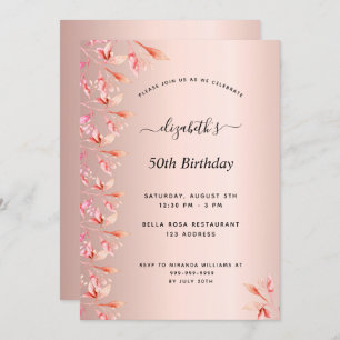 Invitation Fête de 50e anniversaire rose or rose florales feu