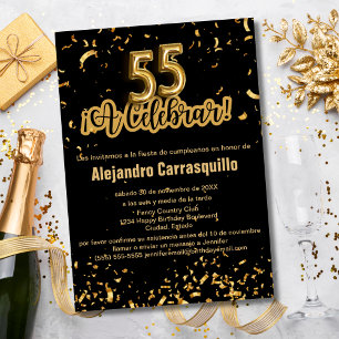 Invitation Fête de 55 ans Confettis Noir & Or Glamour Espagno