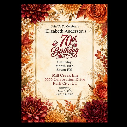 Invitation Fête de 70e anniversaire Luxe Automne