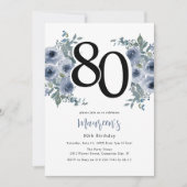 Invitation Fête de 80 ans élégante bleue florale (Devant)