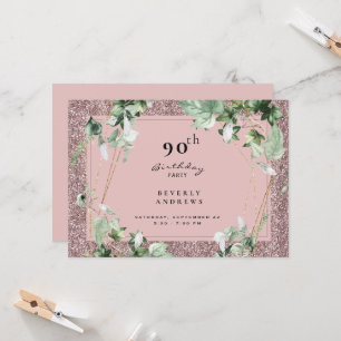 Invitation Fête de 90 ans Elégant Feuillage Rose Glam